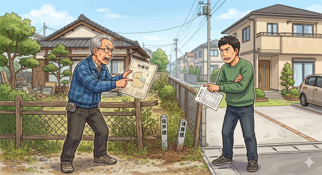 お隣さん同士で敷地の境界線を巡って言い争っている