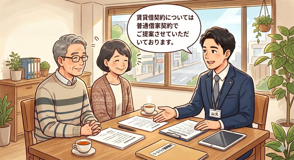 リースバックの賃貸借契約については普通借家契約となることを伝えるリースバック業者の営業マン