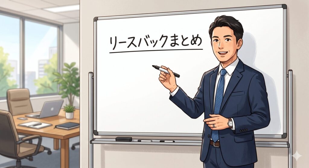 リースバックの解説のまとめを行おうとする不動産コンサルタント