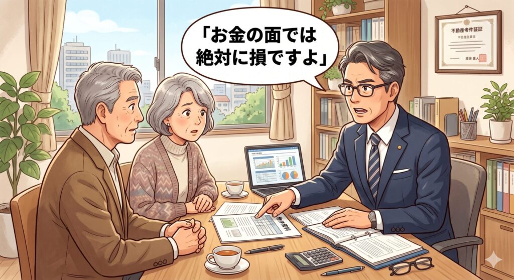 リースバックは金銭的に言えば絶対に損になることを相談者にきっぱりと伝える男性の不動産コンサルタント