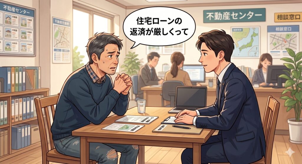 住宅ローンの返済が厳しくなっていることを不動産屋の営業マンに相談する男性