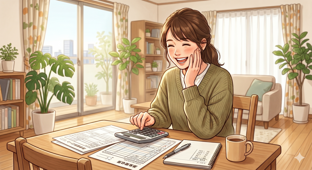 住宅ローン控除で戻ってくる税金の額が思っていた以上に多くて喜ぶ女性