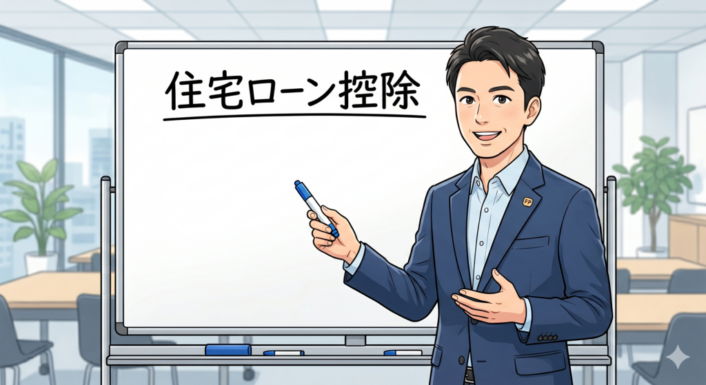 住宅ローン控除の実際のところを伝えようとする男性 FP