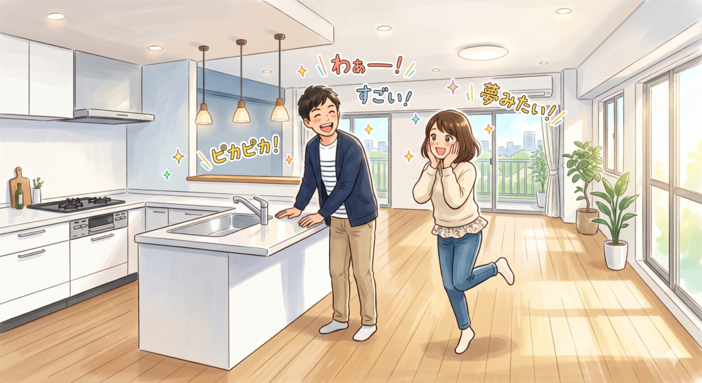 リフォーム済み物件を見て舞い上がるご夫婦