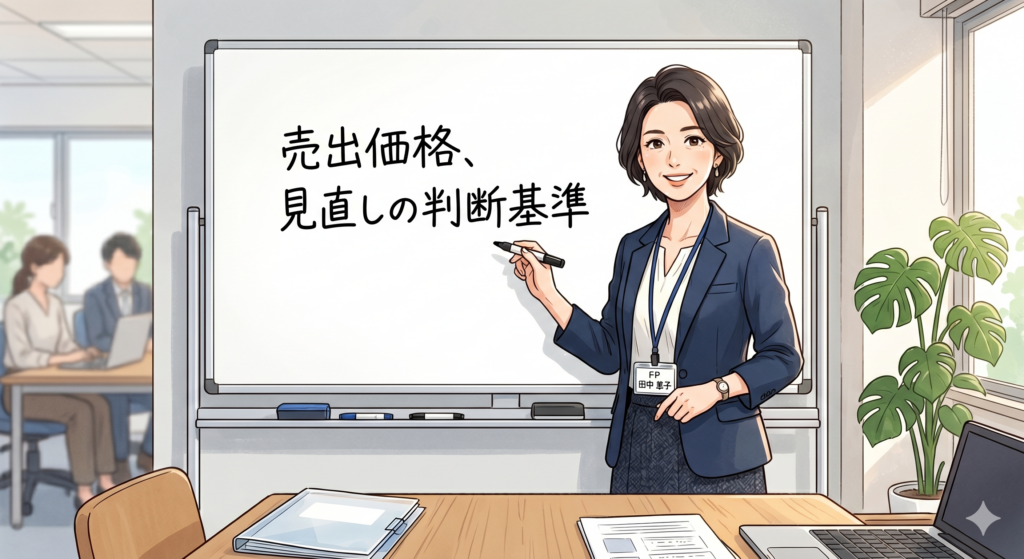 不動産の売出価格の見直し判断基準について説明する女性FP