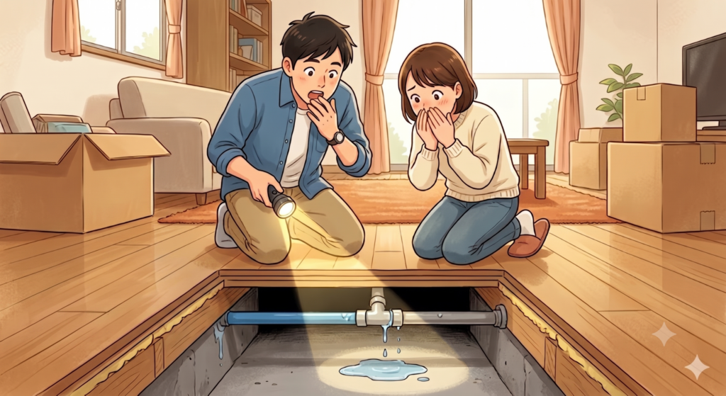 購入したばかりの新居の床下で給水管が水漏れを起こしているのを発見して驚く30代の夫婦