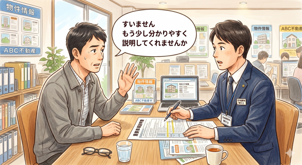 重要事項説明の際に宅建士に対して「もう少し分かりやすく説明してくれませんか」とお願いする男性の買主さん