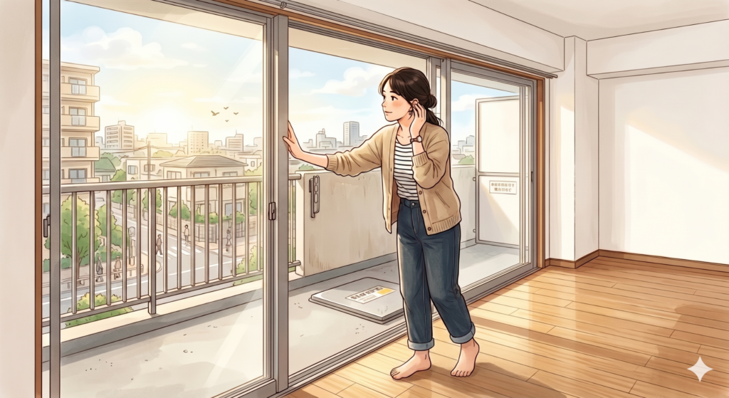 マンションの内見をする女性。バルコニーに面した窓を開けて日当たりや風通し、騒音などをチェックしている。