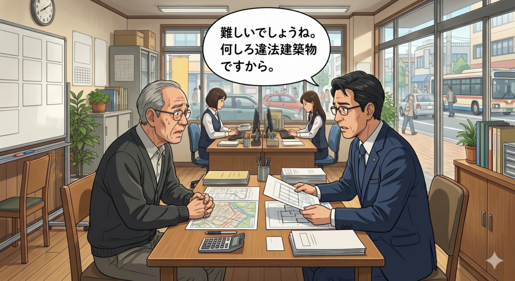 70代の男性が自宅の売却について相談するため不動産屋を訪れているが50代の男性営業マンに「難しいでしょうね。何しろ違法建築物ですから。」とはっきり言われてしまっている場面