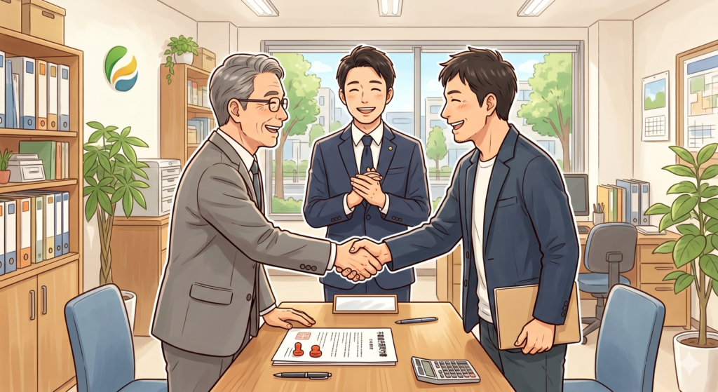 不動産売買契約書の内容に納得して無事、契約を締結した売主と買主が握手をしている