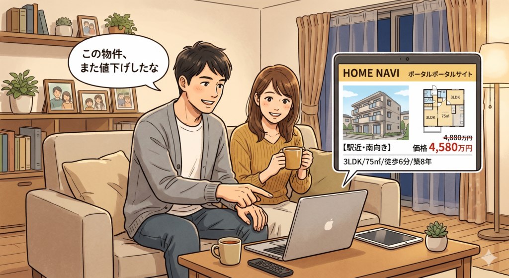 当初、売出価格を高く設定しすぎたがために何度も値下げする羽目になり悪目立ちしている物件を話題にしている30代のご夫婦
