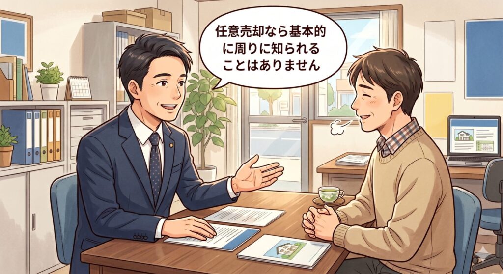任意売却なら基本的に詳しい事情を周囲に知られることはないことを伝える不動産屋の営業マンと、それを聞いて少し安心する売主さん