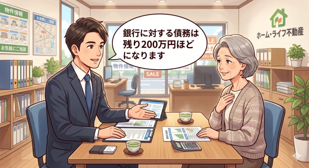 任意売却後の住宅ローンの残債務が200万円ほどになることを伝える不動産屋の営業マンと、それを聞いてほっとしている売主さん