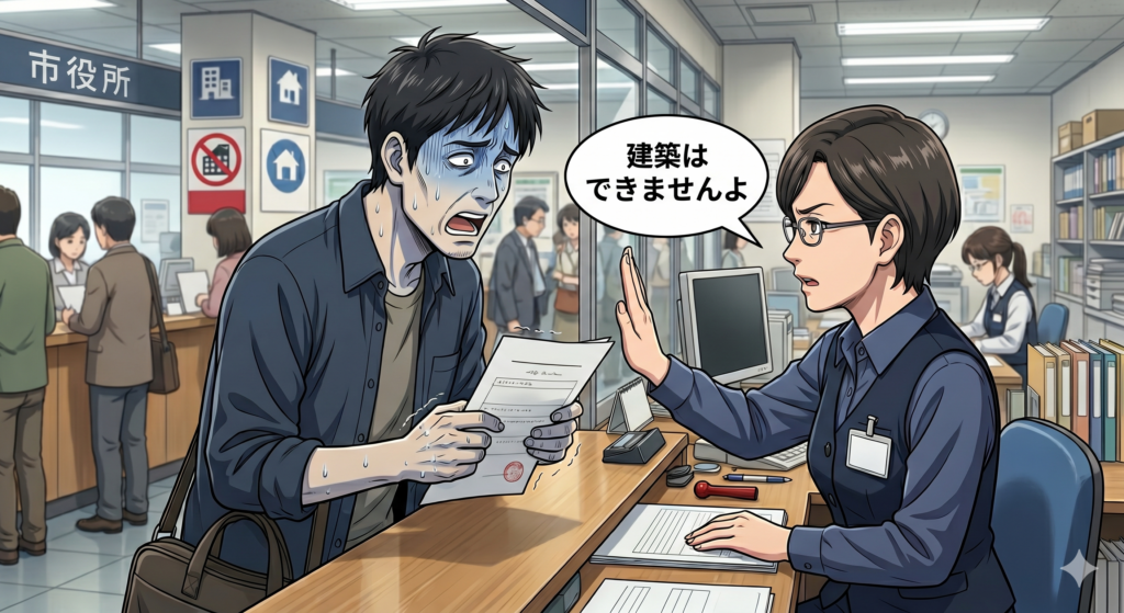 自分が購入した市街化調整区域内の土地について、市役所の建築指導課の職員に「建物の建築はできませんよ」ときっぱり言われて青ざめる40代の男性