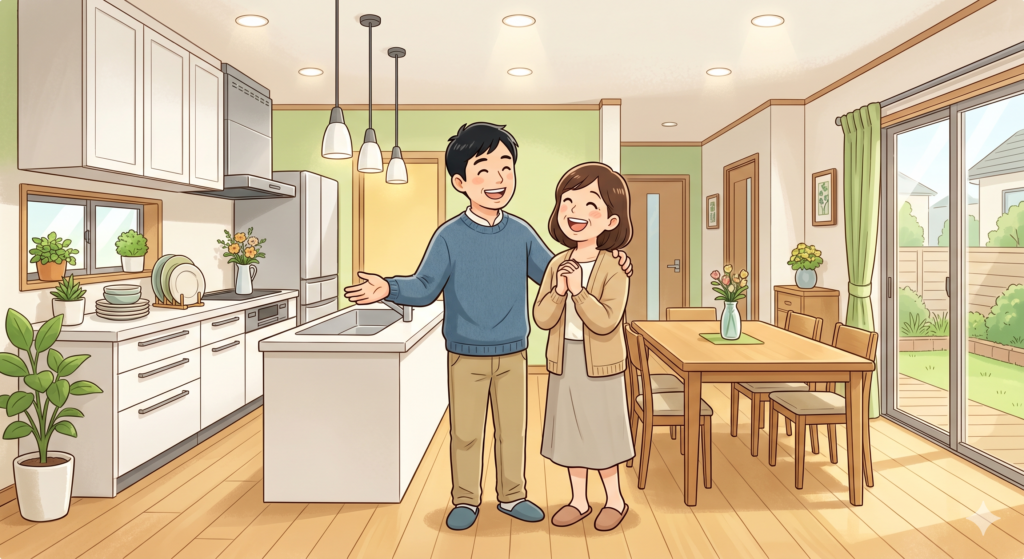 リフォーム工事の出来栄えに大変満足しているご夫婦のイラスト