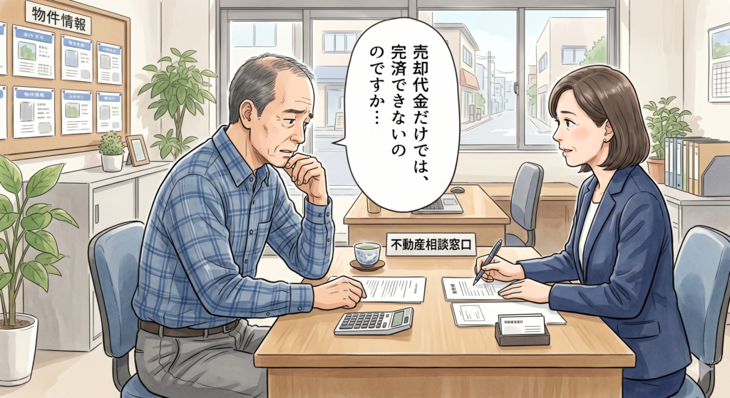 自宅の買い替えを検討している50代の男性が自宅の売却代金だけでは住宅ローンを完済できないことを知り、がっかりしている