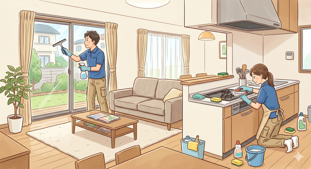 内覧に向けての準備としてハウスクリーニングをやってもらっているイラスト。男性は窓の拭き掃除を、女性はコンロ周りの掃除を行っている。