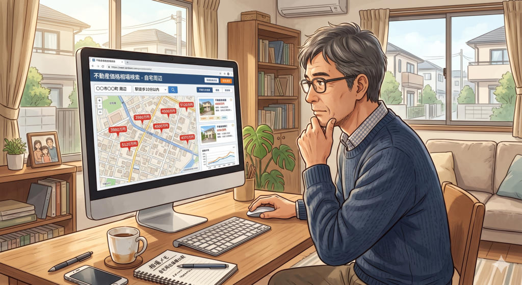 不動産ポータルサイトで自宅周辺の不動産価格の相場を調べている50代の男性