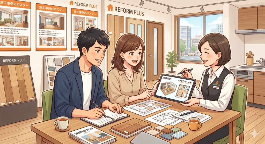 中古マンションを購入した後に実施する予定のリフォームについてリフォーム会社の人に相談するご夫婦