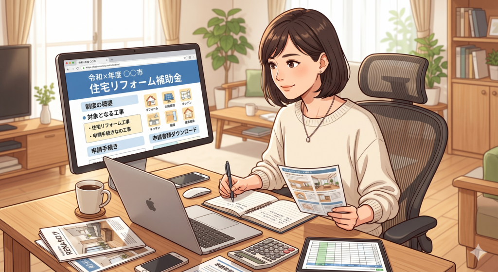 居住する市町村のリフォームに関する補助金制度についてインターネットで調べている30代の女性