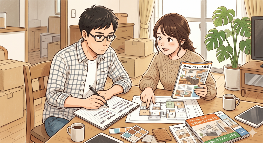 リフォームの目的や優先順位を一緒に検討しているご夫婦