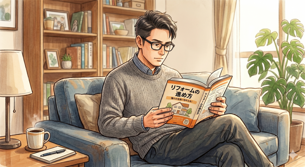 リフォームの進め方という本を熱心に読んでいる30代の男性