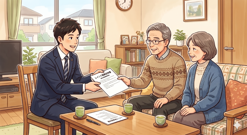 不動産屋の営業マンからレインズ登録証明書を受け取っている売主さん