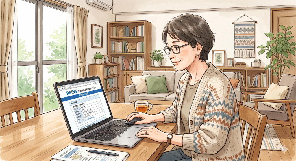 不動産屋に売却を依頼した物件について、きちんとレインズ登録がなされているか確認している女性の売主さん