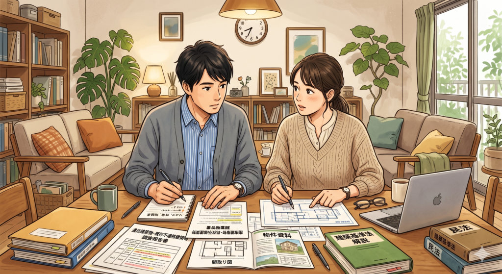 気になる既存不適格建築物や違法建築物について購入の是非を冷静に検討しているご夫婦