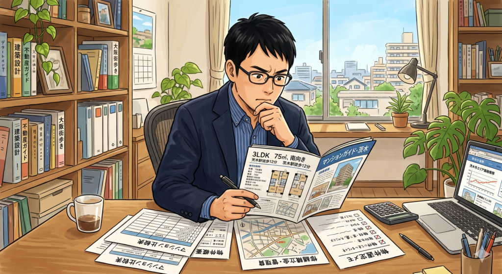 マンションの管理の質を見極めるべく、真剣に情報を精査している30代男性