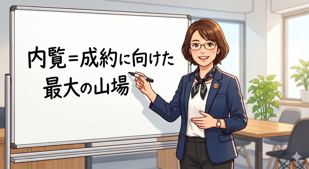 内覧は不動産売買の成約に向けた最大の山場であると説明する女性FP