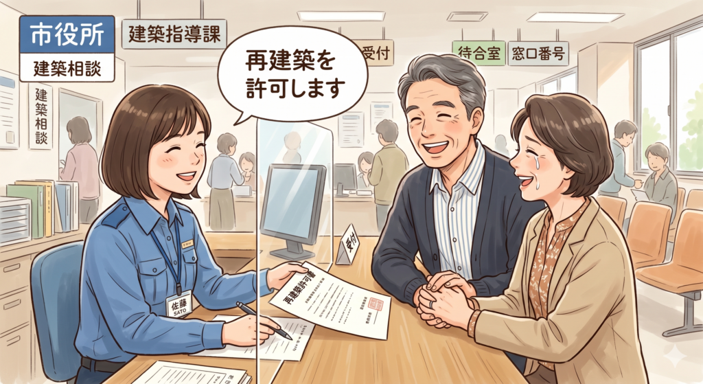 市役所建築指導課の窓口で建物の再建築が許可されたことを知り喜ぶ50代のご夫婦