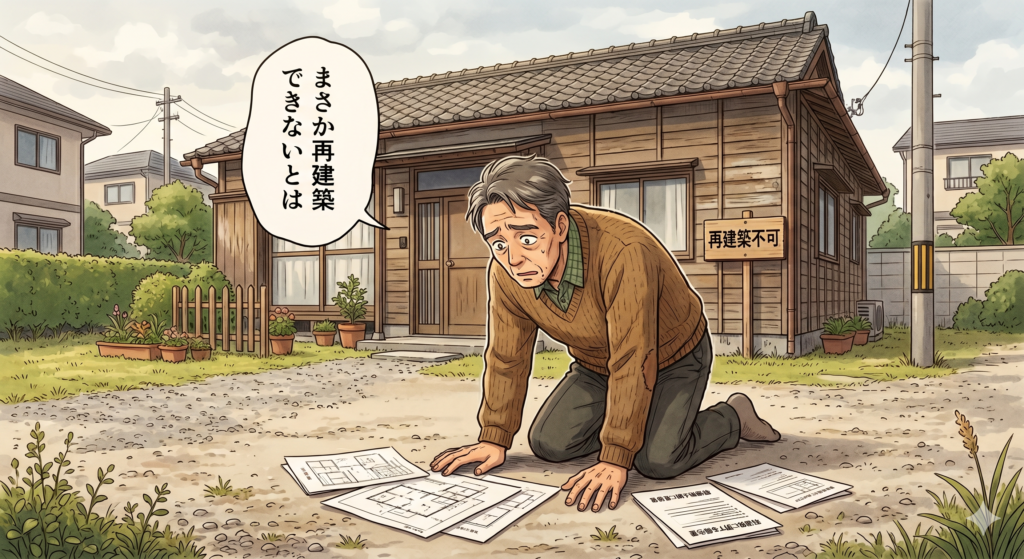 自宅の敷地が接道義務を満たしていないために再建築ができないことを知り大きなショックを受ける60代の男性