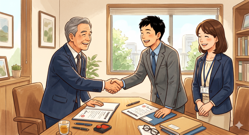 双方にとって納得できる条件で不動産売買契約を締結できたことを喜びあう売主と買主。そばで見ている営業マンも嬉しそう。