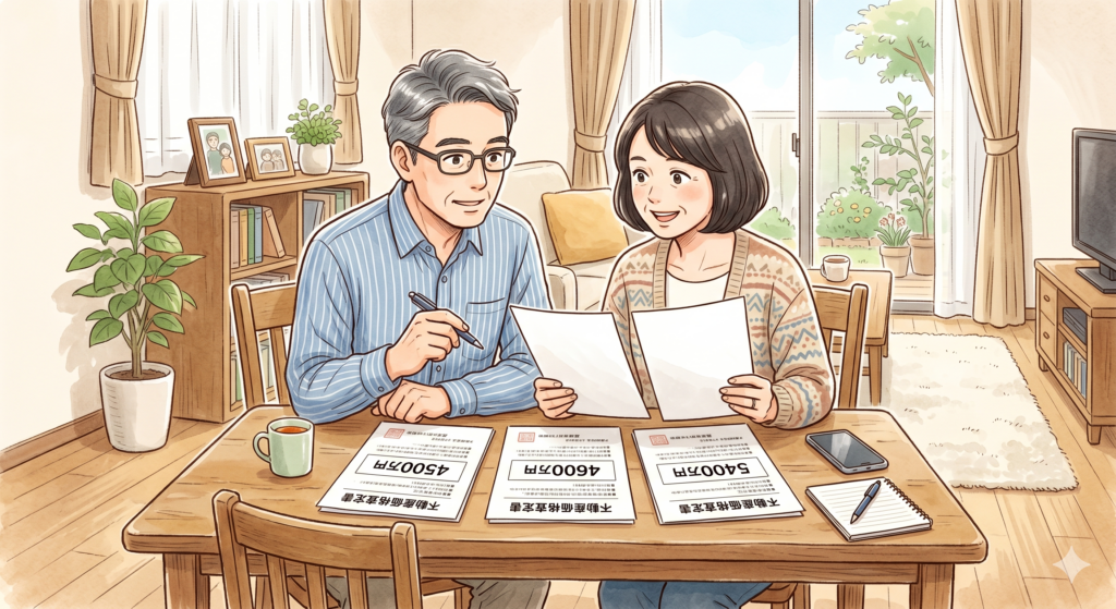 複数の不動産価格査定書を見ながら、その内容を検討する50代の売主さんご夫婦