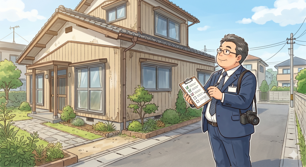 中古戸建ての査定を行う不動産屋の男性営業マン。外観をチェックしている