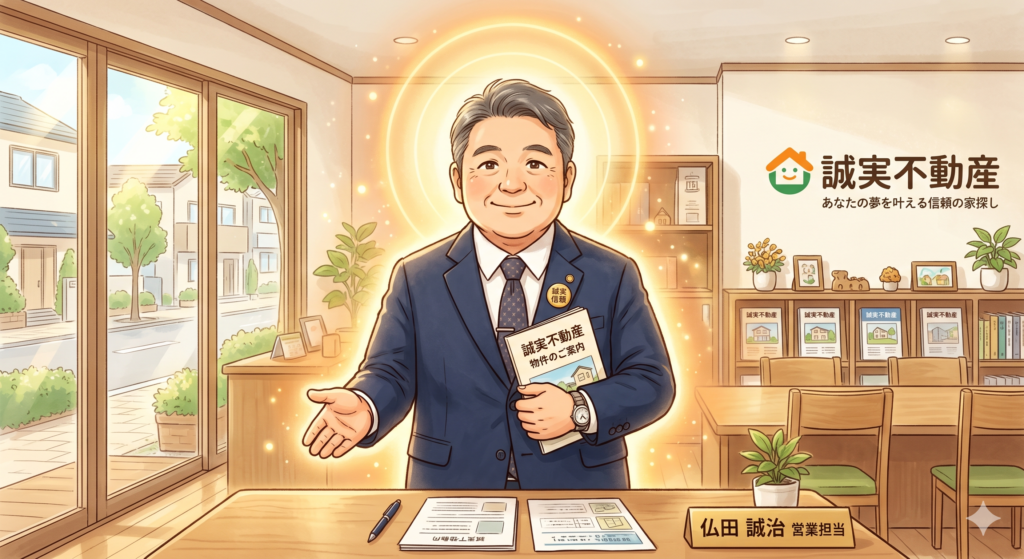 いかにも誠実そうな不動産屋の営業マン。仏様のように後光がさしている。