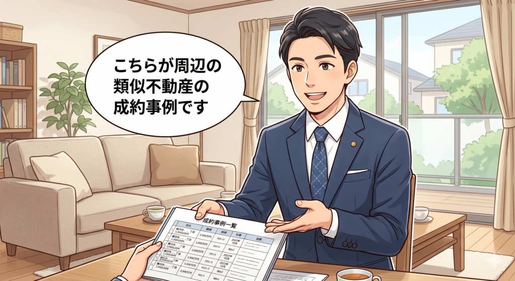 不動産の査定金額の根拠として周辺の類似不動産の成約事例一覧を提示する不動産屋の営業マン