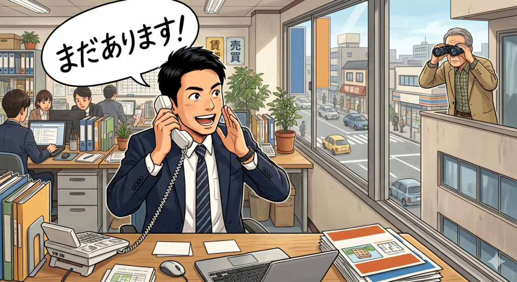 売却を依頼された不動産についての他社からの問い合わせに対し「まだあります」と元気よく返答する不動産屋の営業マンとそれを遠くから監視し続ける売主さん