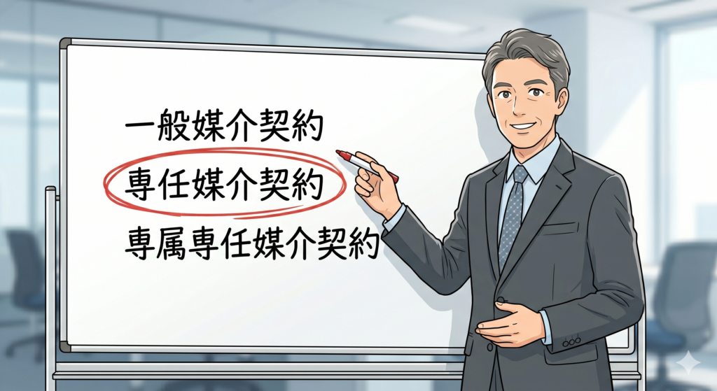ホワイトボードを使って専任媒介契約がおすすめであることを説明している男性FP。ホワイトボードには一般媒介契約、専任媒介契約、専属専任媒介契約と書かれていて、そのうち専任媒介契約については赤丸で囲われている。