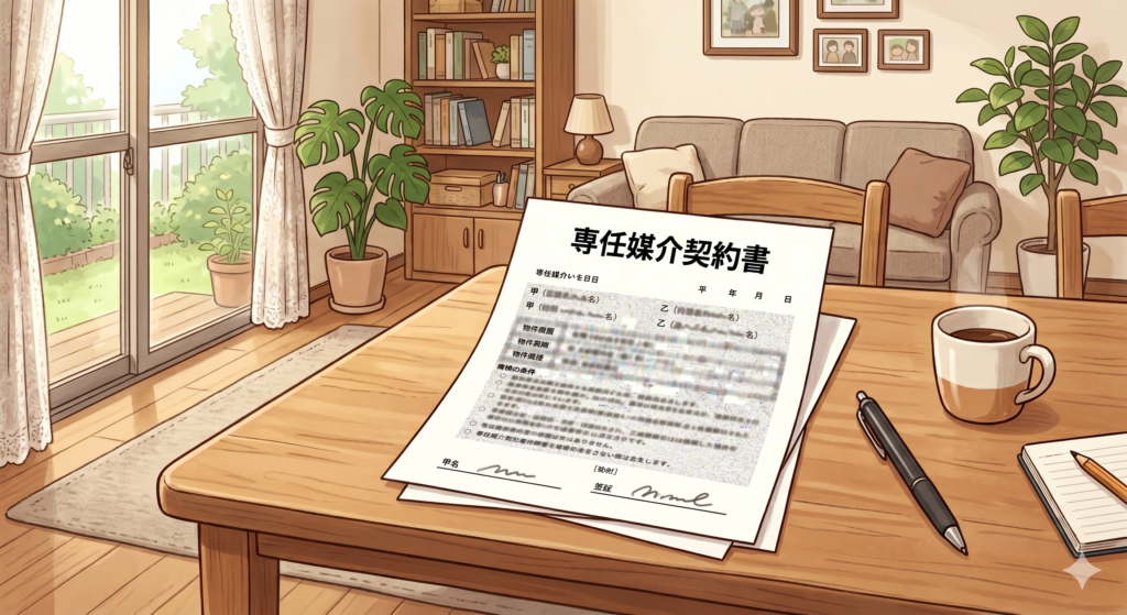 机の上に置かれた専任媒介契約書