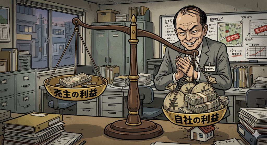 売主さんから確実に仲介手数料を受け取るべく、専属専任媒介契約を強く勧める不動産屋の営業マン