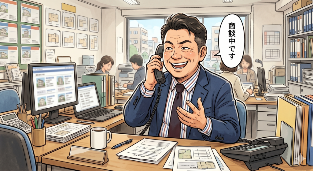 他社からの問い合わせに対して、囲い込みを行うべく「商談中です」と返答している不動産屋の営業マン