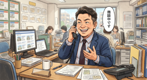 他社からの問い合わせに対して、囲い込みを行うべく「商談中です」と返答している不動産屋の営業マン