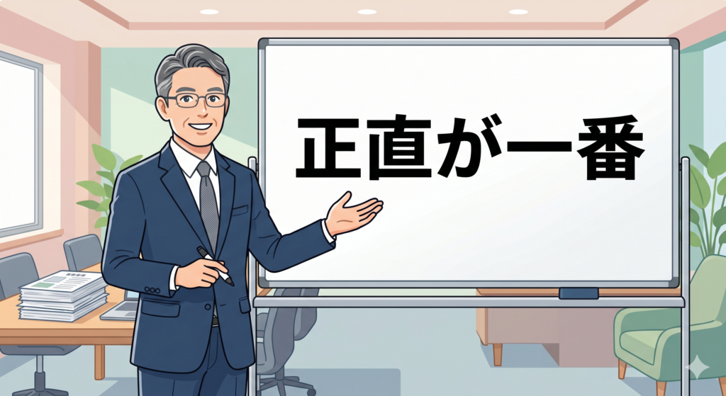 付帯設備表及び物件状況等報告書の記入にあたっては正直が一番であることを伝える男性ファイナンシャルプランナー