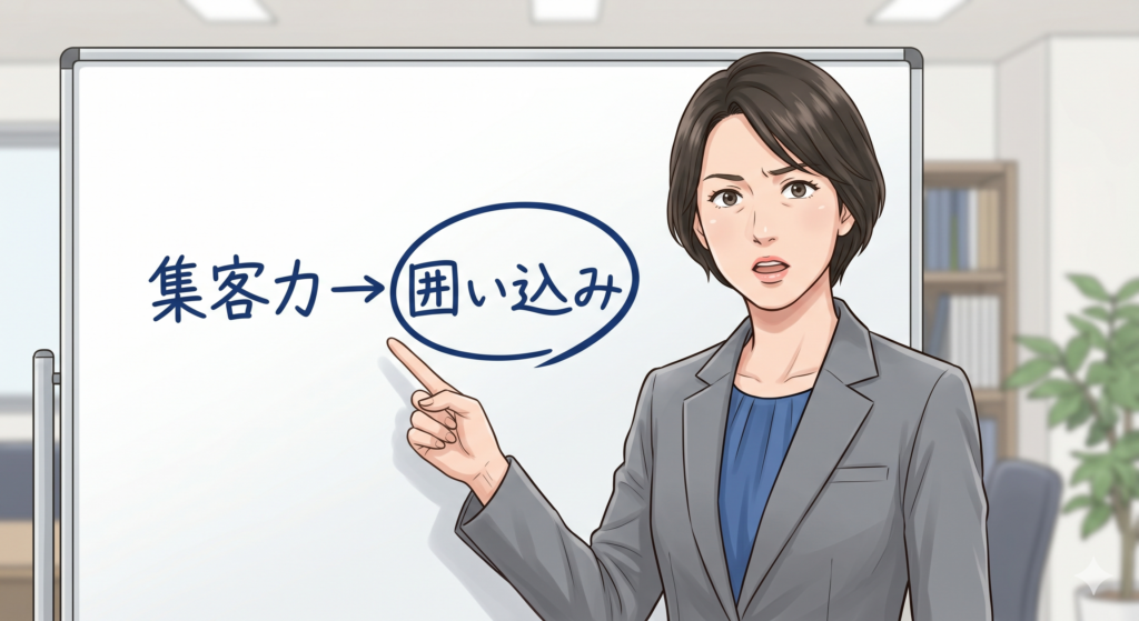 買主を自社で見つけることができる集客力があることが、囲い込みを行いたくなる重要な心理的要因の一つであることを説明する女性 FP
