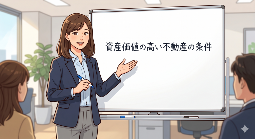 資産価値の高い不動産の条件を説明する30代の女性 FP