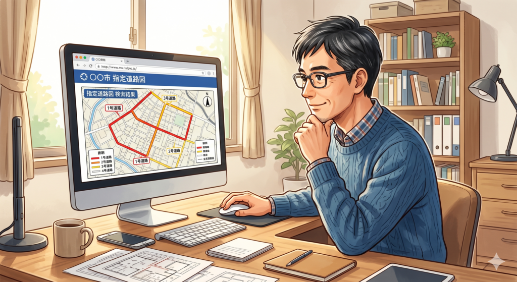 インターネットで購入を検討している物件の所在市町村の指定道路図を調べている40代の男性