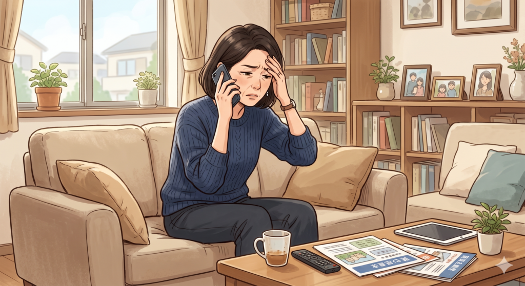不動産屋からのしつこい営業電話に困惑している40代の女性