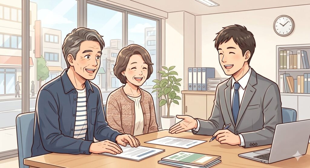 不動産売却によって譲渡損失が出た場合にも、損益通算と繰越控除の2つの制度によって、以降の税金が安くなることを知り、喜ぶ売主さんご夫婦
